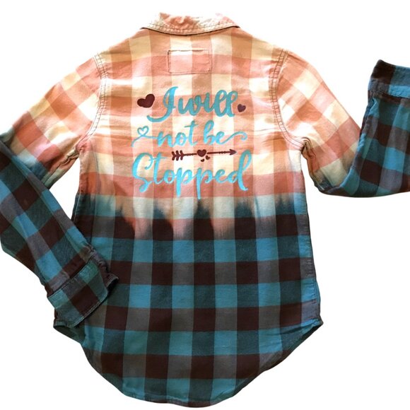 Upcycled Bleach Dyed Flannel Girl’s Shirt Size 8: Painted Inspirational Quote - Picture 7 of 11